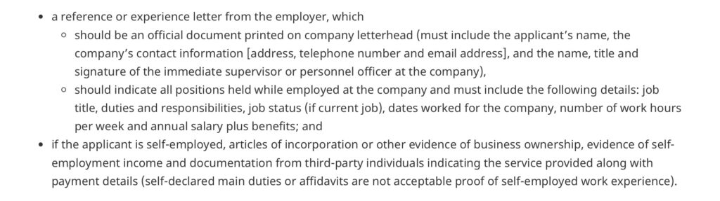 IRCC proof of work experience requirements for Express Entry employer reference letters