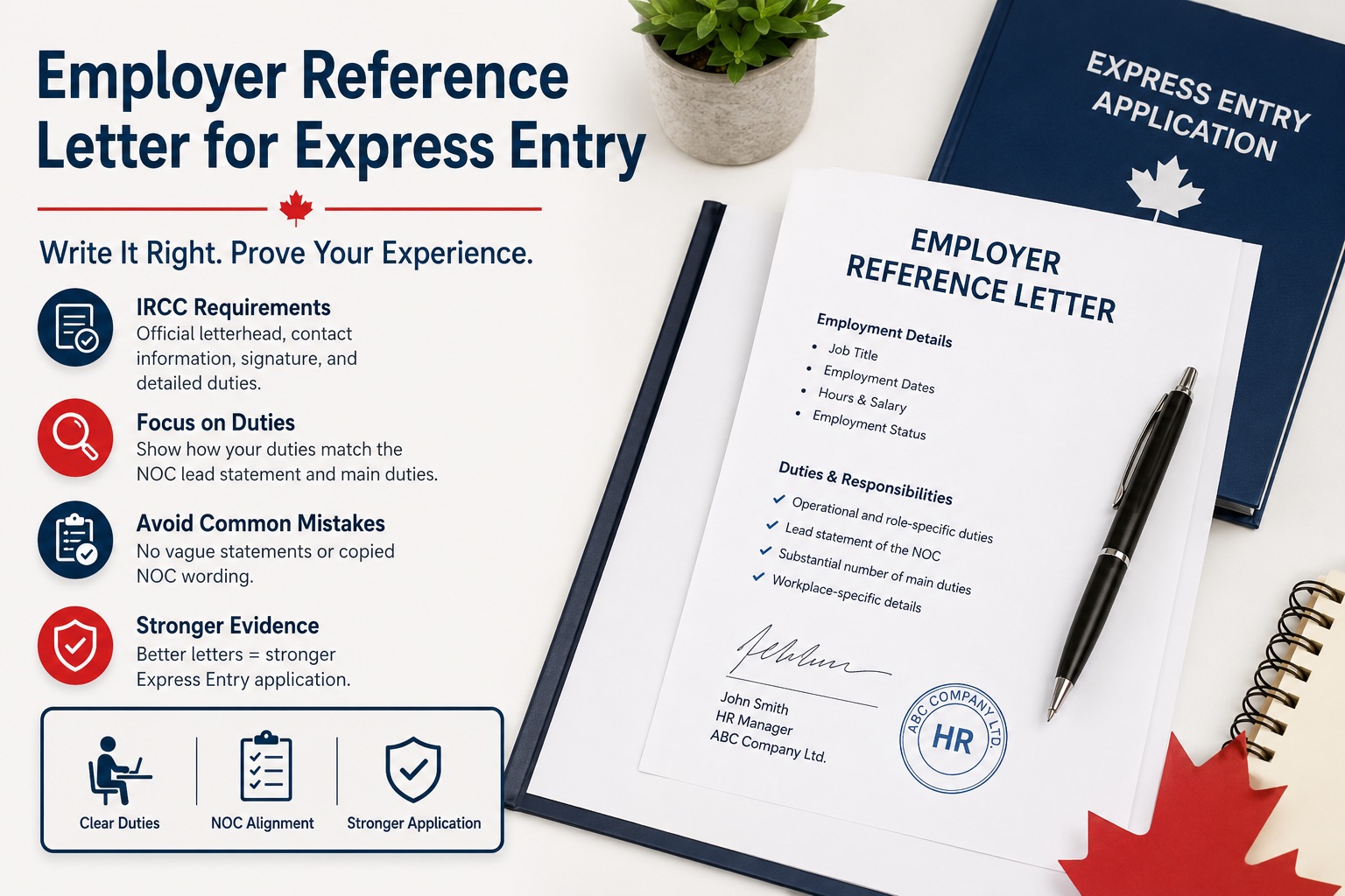 Employer reference letter for Express Entry showing IRCC work experience requirements, job duties, salary, hours of work, and employment verification details.