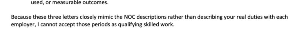 Express Entry refusal excerpt where the officer concludes employer reference letters closely mirror NOC descriptions rather than actual workplace duties