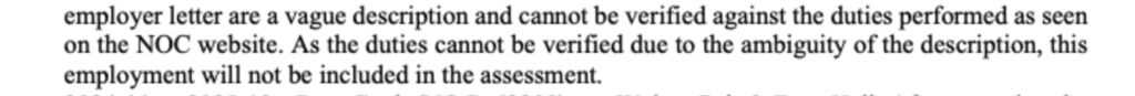 Express Entry refusal excerpt stating that vague job duties could not be verified against the NOC and were excluded from the assessment