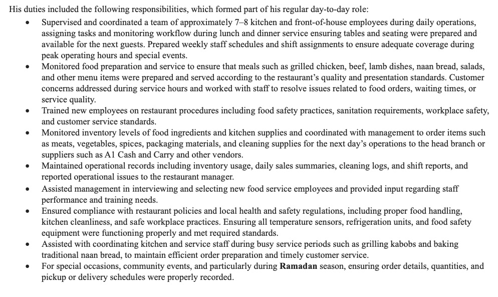 Strong Food Service Supervisor employer reference letter describing workplace-specific NOC 62020 duties and supervisory responsibilities for Express Entry
