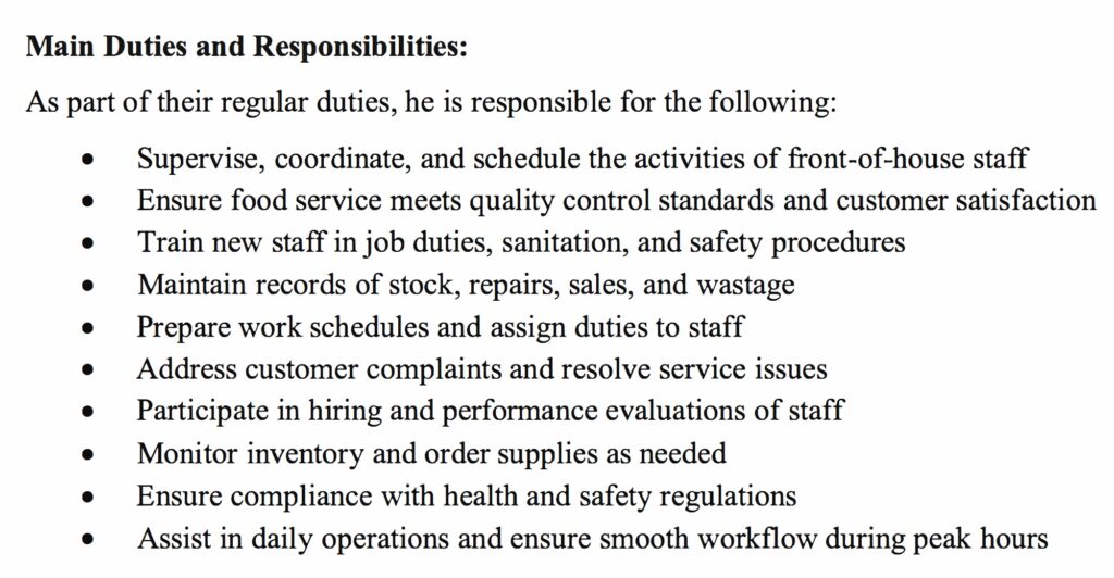 Weak Food Service Supervisor employer reference letter that largely mirrors NOC 62020 duties without workplace-specific examples or supporting detail