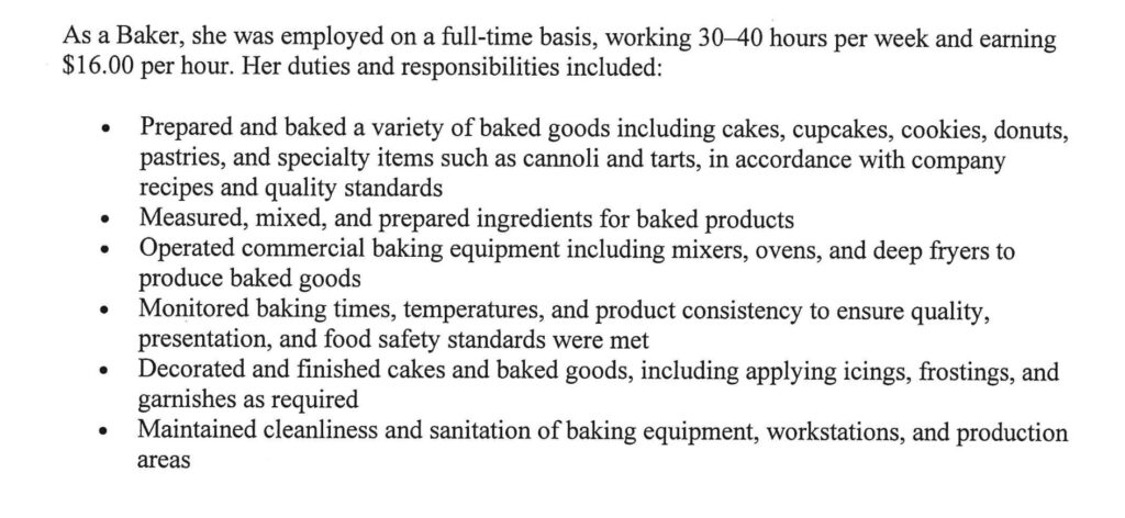 Strong baker employer reference letter describing NOC 63202 baker duties and commercial baking responsibilities for Express Entry