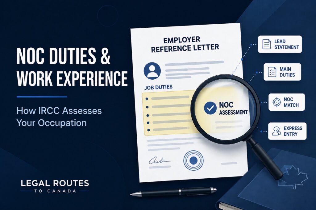 NOC duties and work experience explained for Express Entry, showing employer reference letter review and NOC occupation assessment