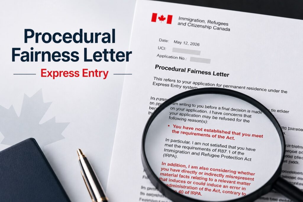 Procedural Fairness Letter (PFL) for an Express Entry application showing IRCC concerns regarding eligibility, work experience, and potential misrepresentation.