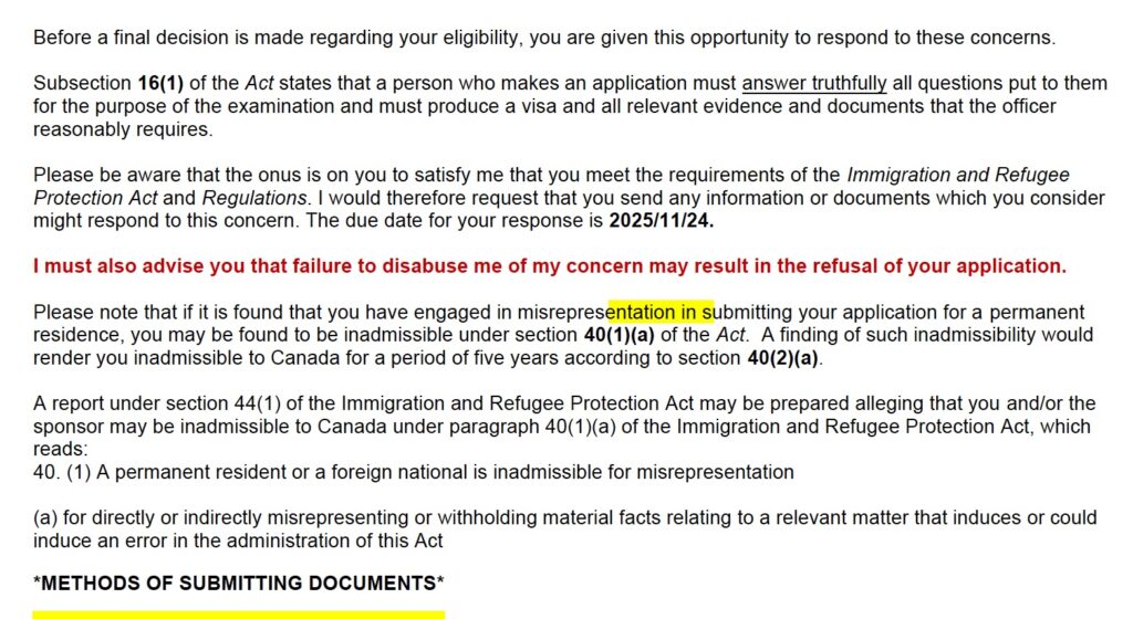 Express Entry Procedural Fairness Letter for Misrepresentation Concern IRCC Procedural Fairness Letter warning about possible misrepresentation under section 40(1)(a) of the Immigration and Refugee Protection Act in an Express Entry application.