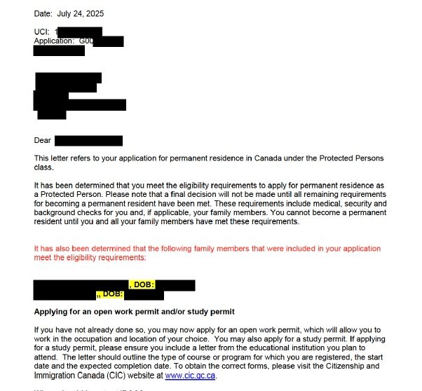 IRCC protected person letter confirming overseas children may apply for a study permit